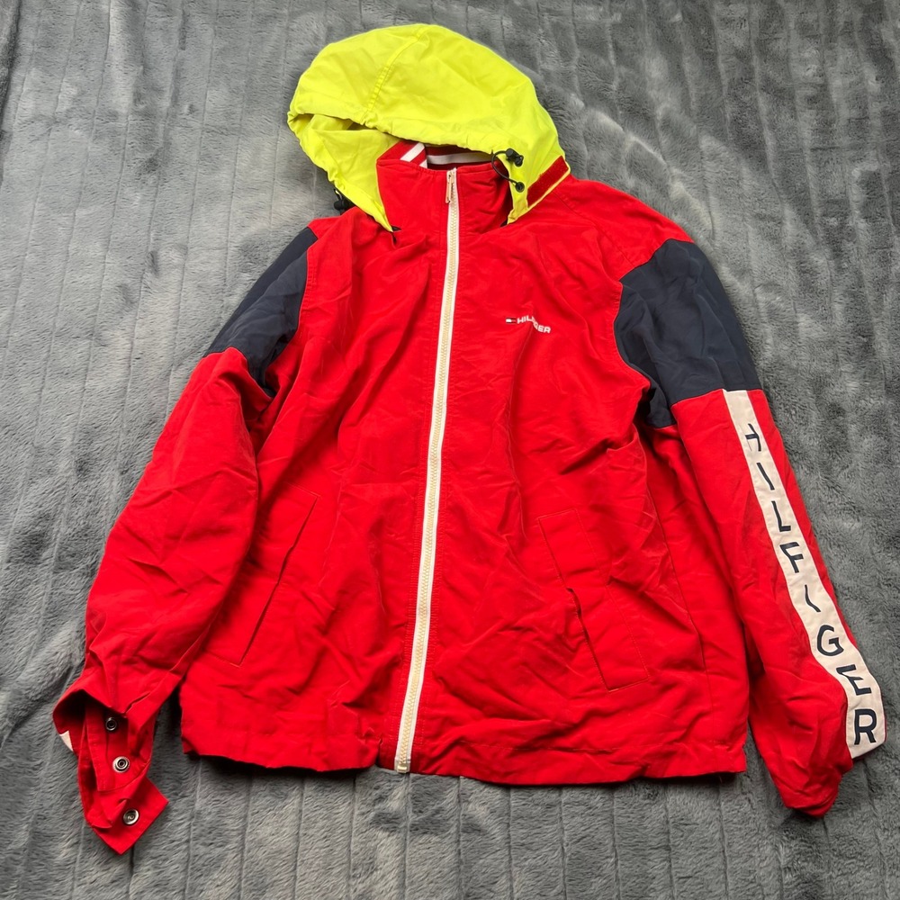 Tommy Hilfiger Mens Colorblock Windbreaker Jacket Red Navy Yellow Hood Medium